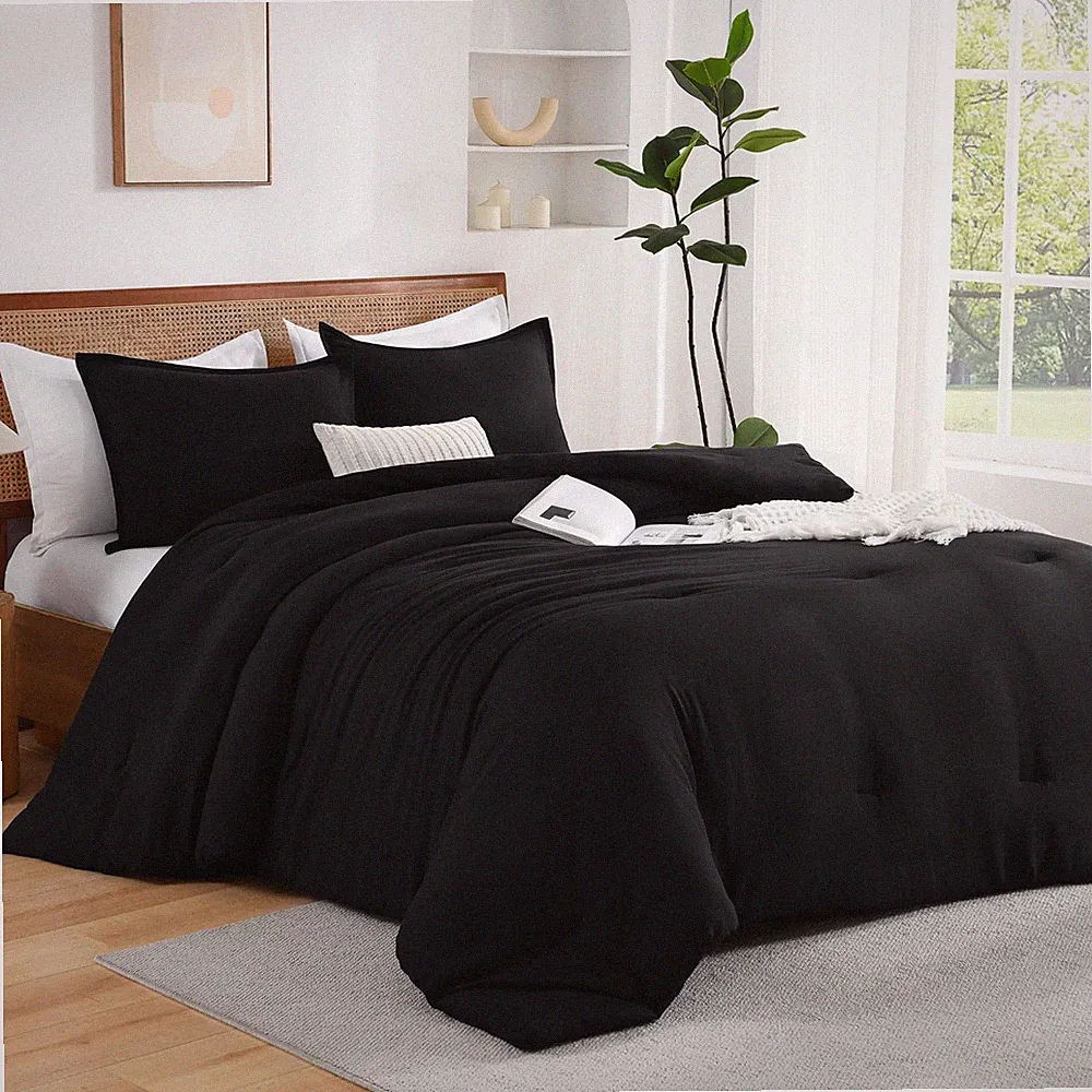 BLACK FULL SIZE COMFORTER SET 3 PIECES FLUFFY SOLID BEDDING COMFORTERS SETS AL