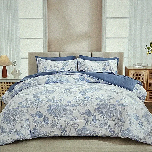 Blue Comforter Set Full, 7 Pieces Full Size Flower Comforters with Sheets Ele...