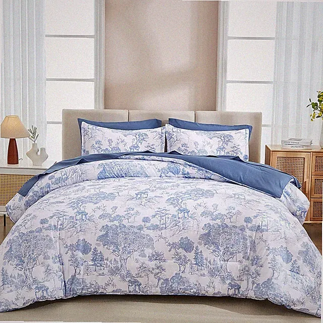 Blue Comforter Set Queen, 7 Pieces Bed in a Bag Queen Size Botanical Comforters