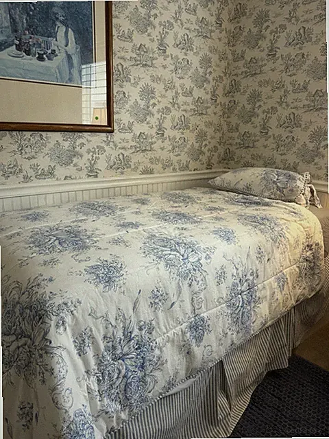 Blue White Floral Toile Reversible Comforter + 1 Sham + Bedskirt Cottage