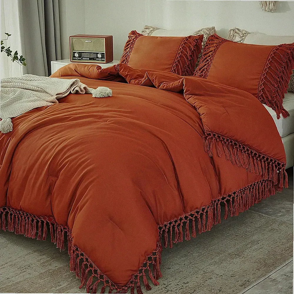 Burnt Orange Comforter Set BohemianTerra Cotta Fringe LightweightFluffy Bedding