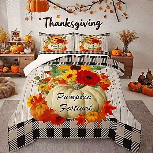 Fall Pumpkin Comforter Set Sunflowers Geometric Plaid Comforter Queen Multi 02