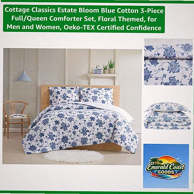 Farmhouse Style Blue Floral Comforter Set - 3-Piece Full/Queen Cotton Elegance
