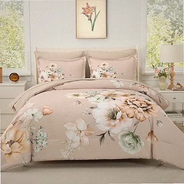 Floral Comforters Queen Size 7 Pieces Botanical Dusty Pink Flower Bed in a Bag U