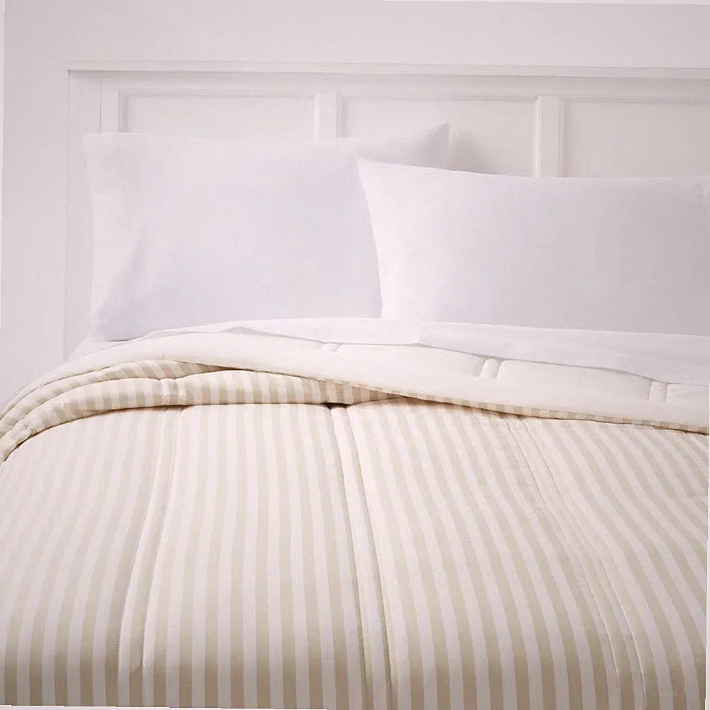 Full/Queen Lofty Microfiber Printed Comforter Khaki/White Striped