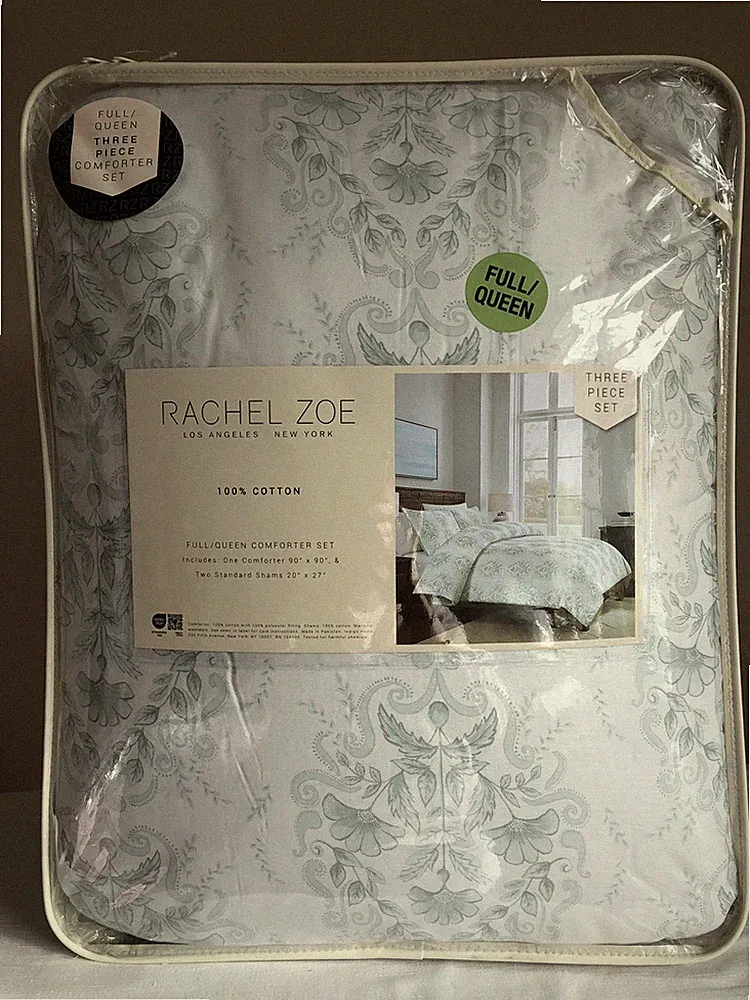 NIP Rachel Zoe Light Green Floral 3 Pcs 100% Cotton Full/Queen Comforter Set