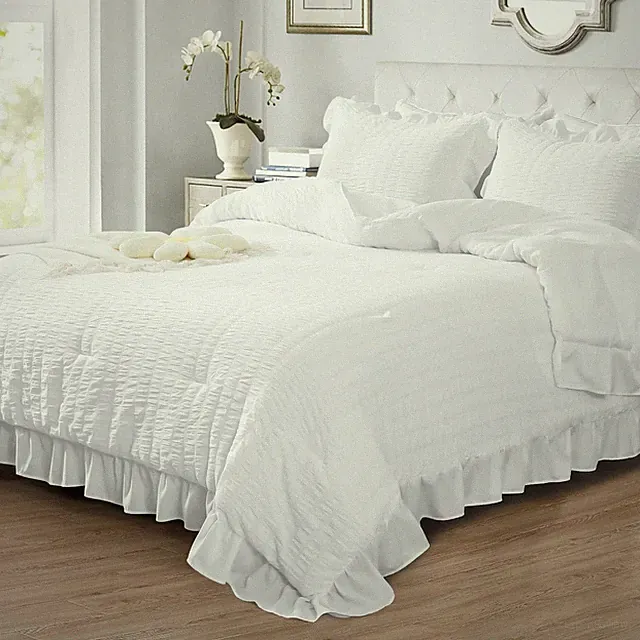 Queen Comforter Set, 3 Pieces White Seersucker Comforters Queen Size, Lightwe...
