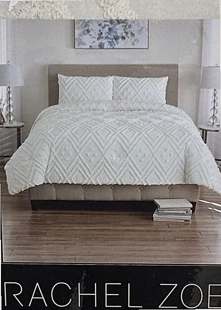 Rachel Zoe 3 Piece 100% Queen White Comforter Set: 1 Comforter + 2 Pillow Shams