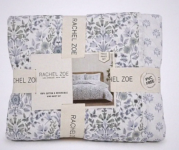 Rachel Zoe Cotton Quilt Set 3pc King Cottage Floral Reversible White Blue-Green