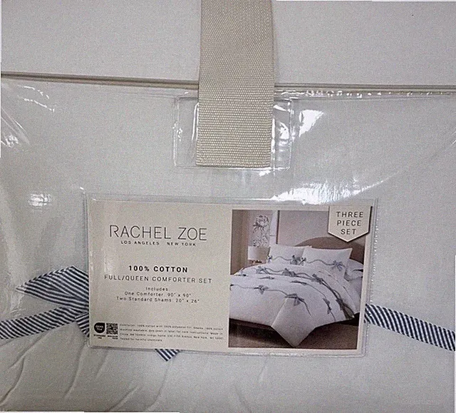 Rachel Zoe Full/Queen White and Blue Cotton Comforter Set All Over Bow Design