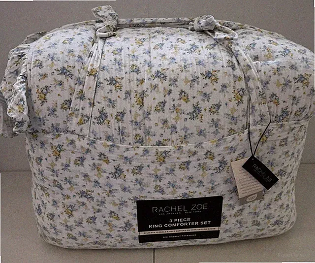Rachel Zoe Gauze Cotton Comforter Set King Size Yellow Blue Floral Raffle New